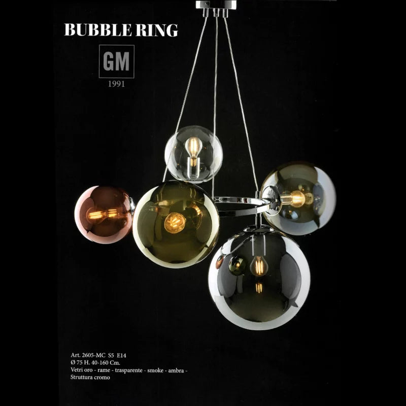 Lampadario a sospensione Moderno Serie Bubble Ring 5 Luci Vetri Oro Rame Trasparente Smoke e Ambra