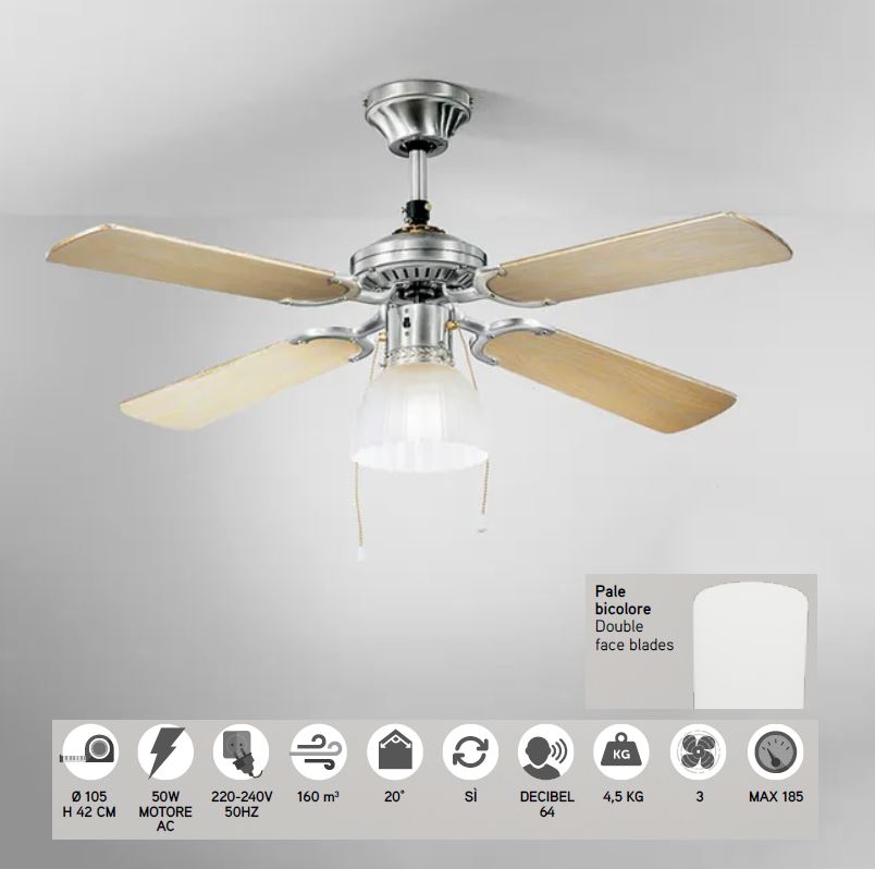 Lampadario Ventilatore con Pale di Legno Gemini Cromo