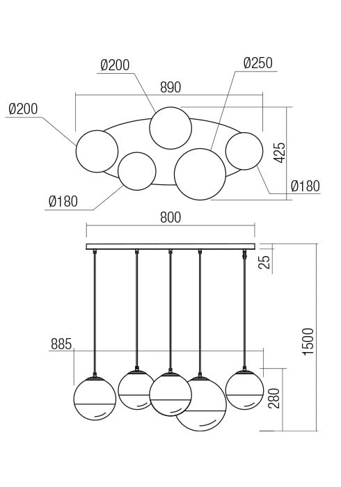 BERRY 01-2272 REDO GROUP 5 luci sospensione metallo oro/ vetro soffiato sfumato opale