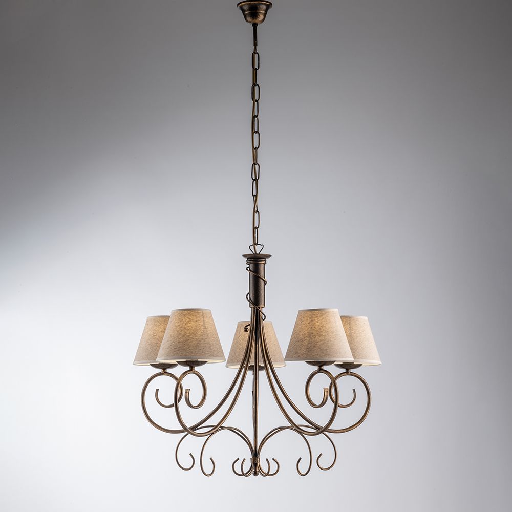 Lampadario in ferro battuto marrone e oro con paralumi in PVC 5 luci BL258-5-BR