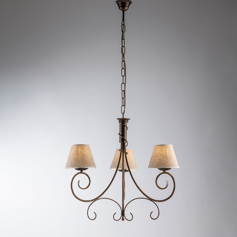 Lampadario in ferro battuto marrone e oro con paralumi in PVC 3 luci BL258-3-BR