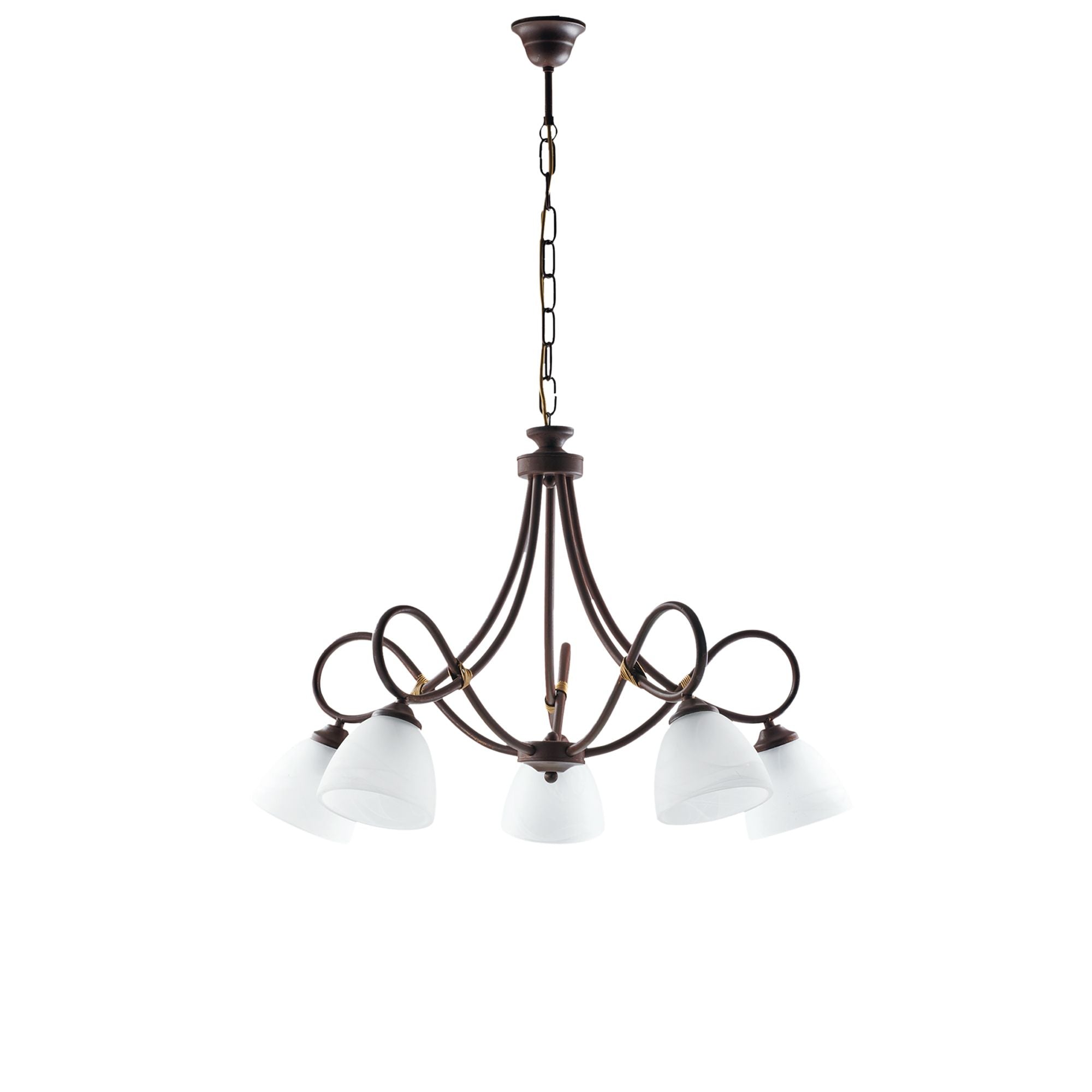 Lampadario rustico in ferro battuto nero e ruggine vetro bianco 5 luci DALLAS BL217-5-RG