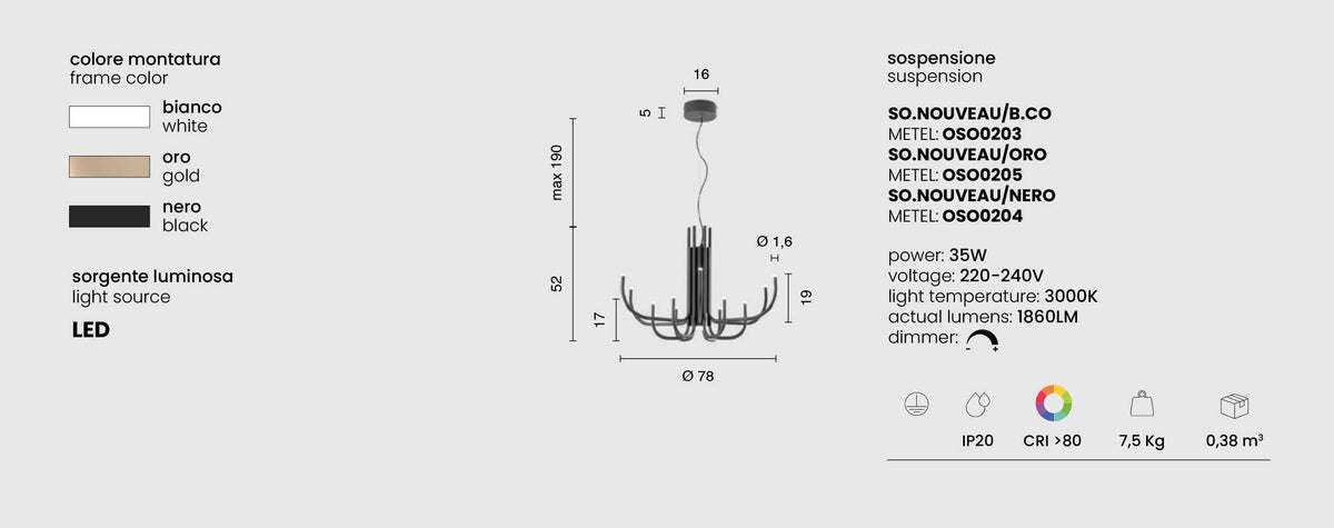SOSPENSIONE NOUVEAU 12 BRACCETTI LED INTEGRATO ONDALUCE