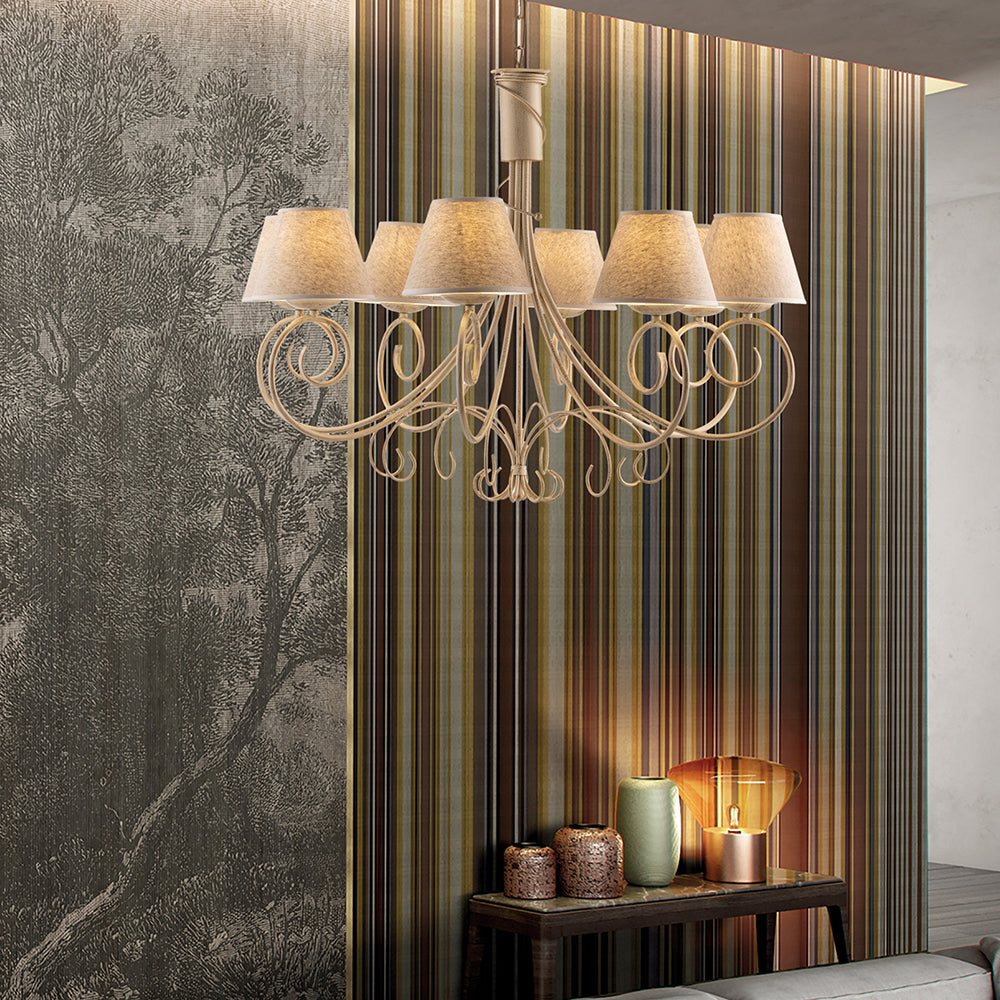 Lampadario in ferro battuto avorio e oro con paralumi in PVC 8 luci VIENNA BL258-8-AV