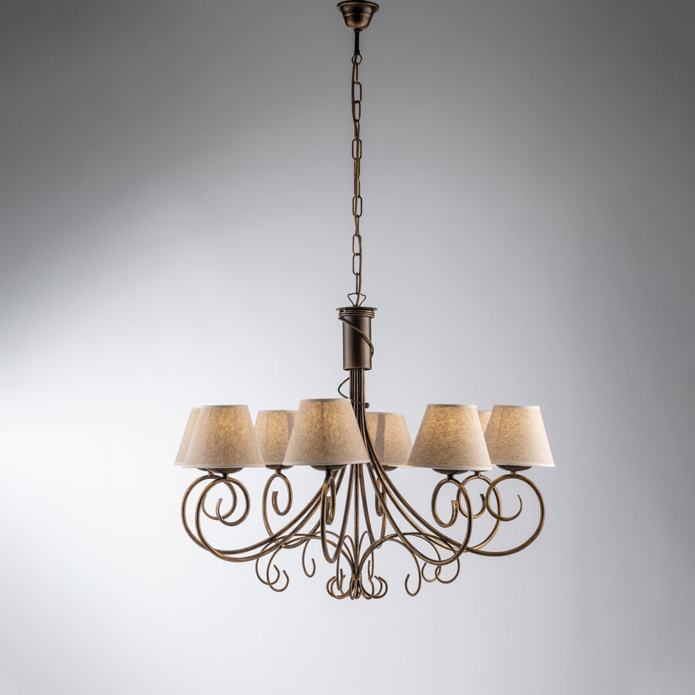 Lampadario in ferro battuto marrone e oro con paralumi in PVC 8 luci BL258-8-BR