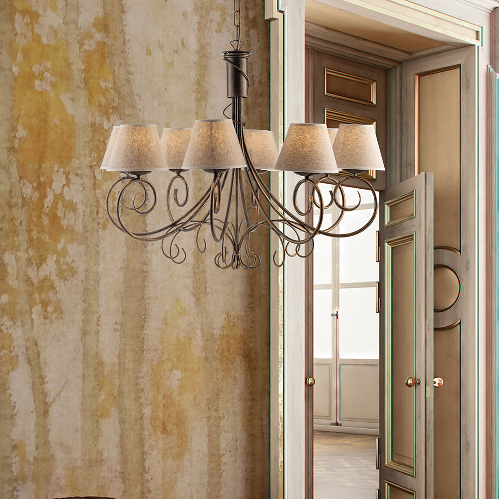 Lampadario in ferro battuto marrone e oro con paralumi in PVC 8 luci BL258-8-BR