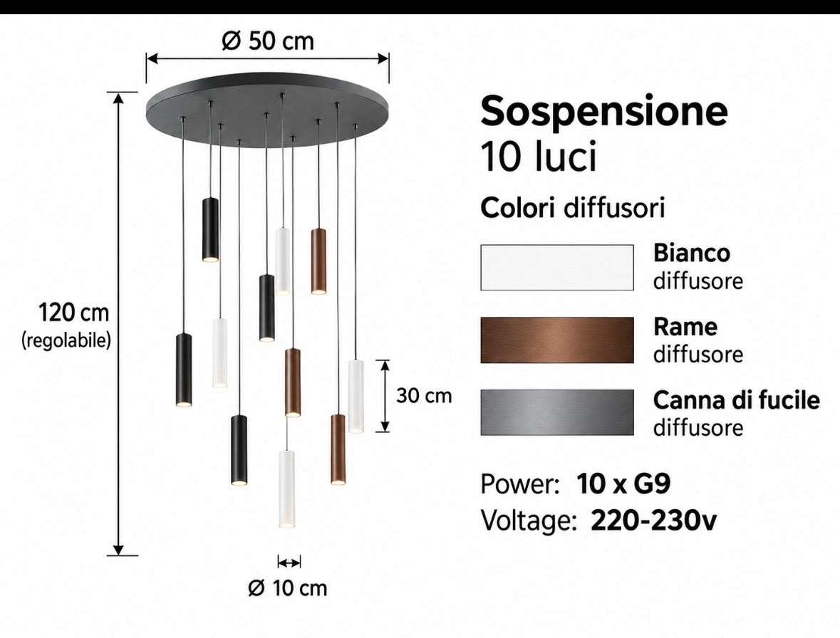 SOSPENSIONE ROCK 10 LUCI PARTICOLARI CEMENTO VETRO SOFFIATO ONDALUCE