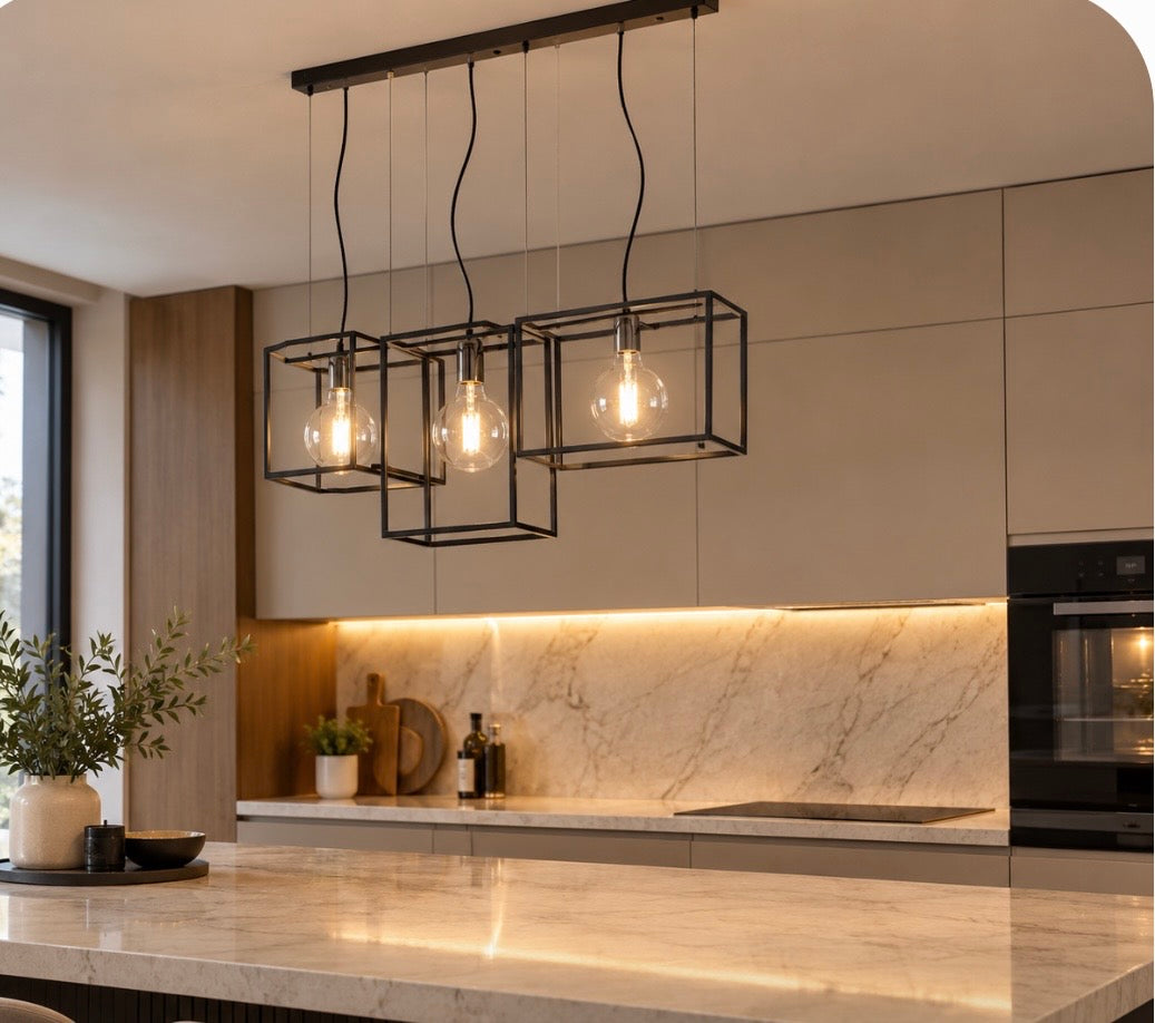 SOSPENSIONE KUBIK 3 LUCI IN METALLO VERNICATO NIRO ILLUMINAZIONE