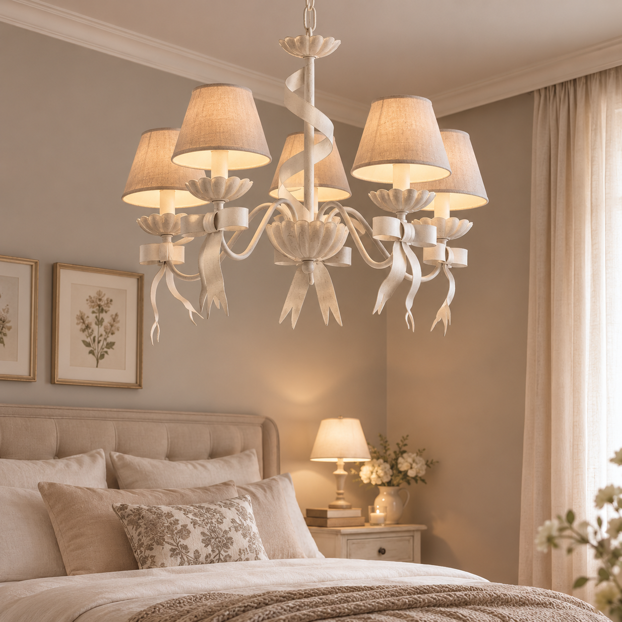 LAMPADARIO 5 LUCI  IN METALLO E PORCELLANA STILE SHABBY NIRO ILLUMINAZIONE